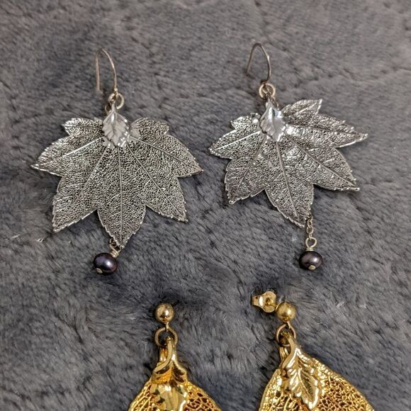 Vintage 80s Silver-plated/Gold Filled Leaf Motif Earrings Made from Real Leaves - Picture 16 of 16